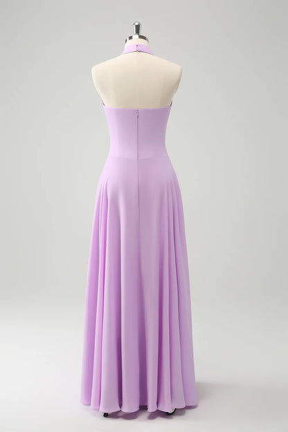A Line Halter Backless Pleated Chiffon Long Bridesmaid Dress With Buckle