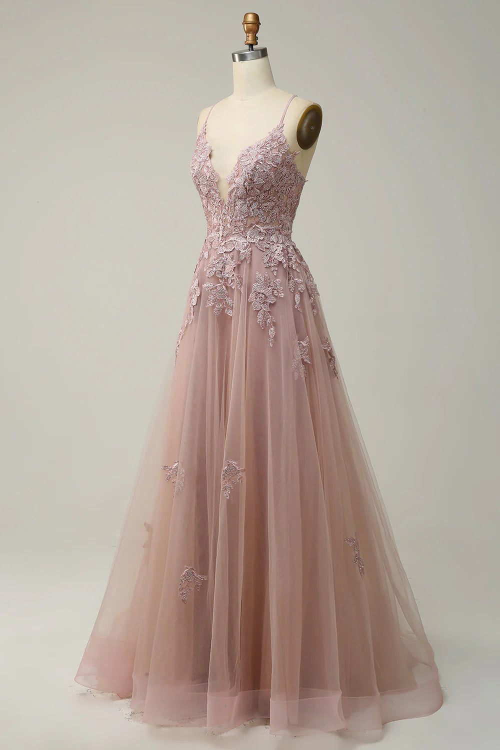 OKBBN Elegant A-line Thin Shoulder Strap Long Embroidered Ball Dress
