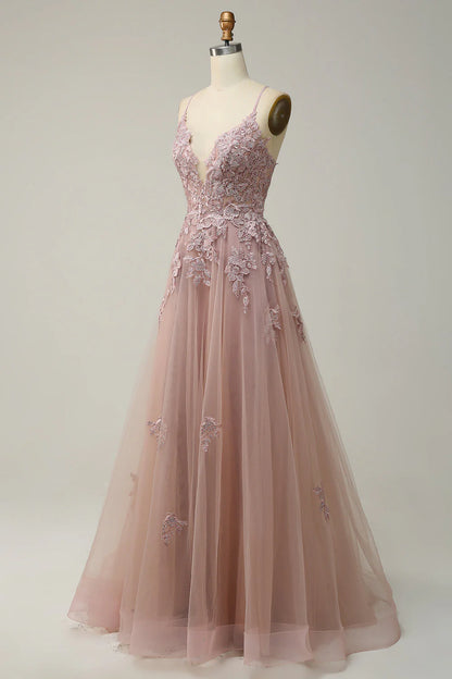 OKBBN Elegant A-line Thin Shoulder Strap Long Embroidered Ball Dress