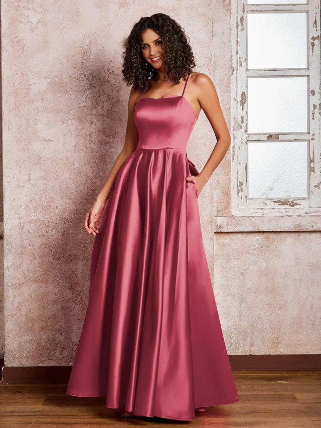 OKBBN Square Neck Thin Strap Satin Bridesmaid Dress