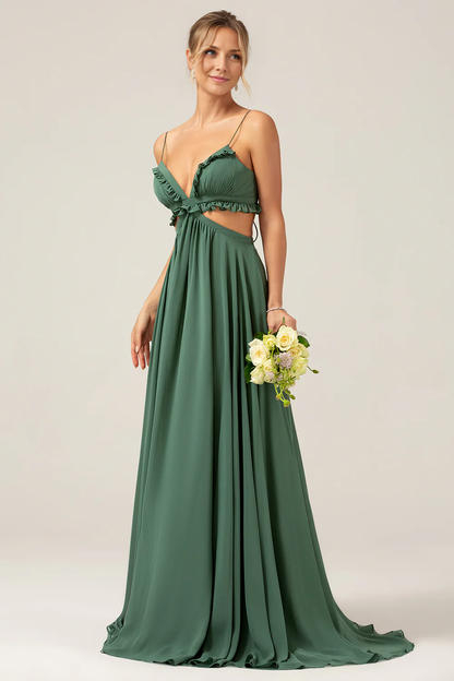 OKBBN sexy slim shoulder strap hollowed out long pleated bridesmaid dress