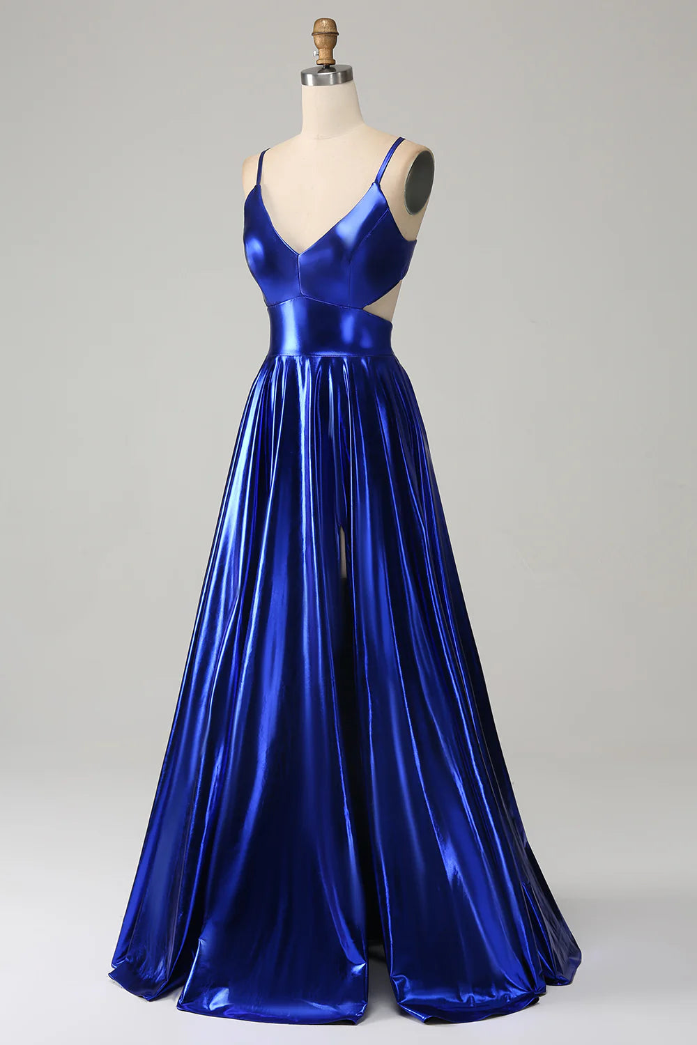 OKBBN A-line thin shoulder strap backless pleated metal slit ball dress