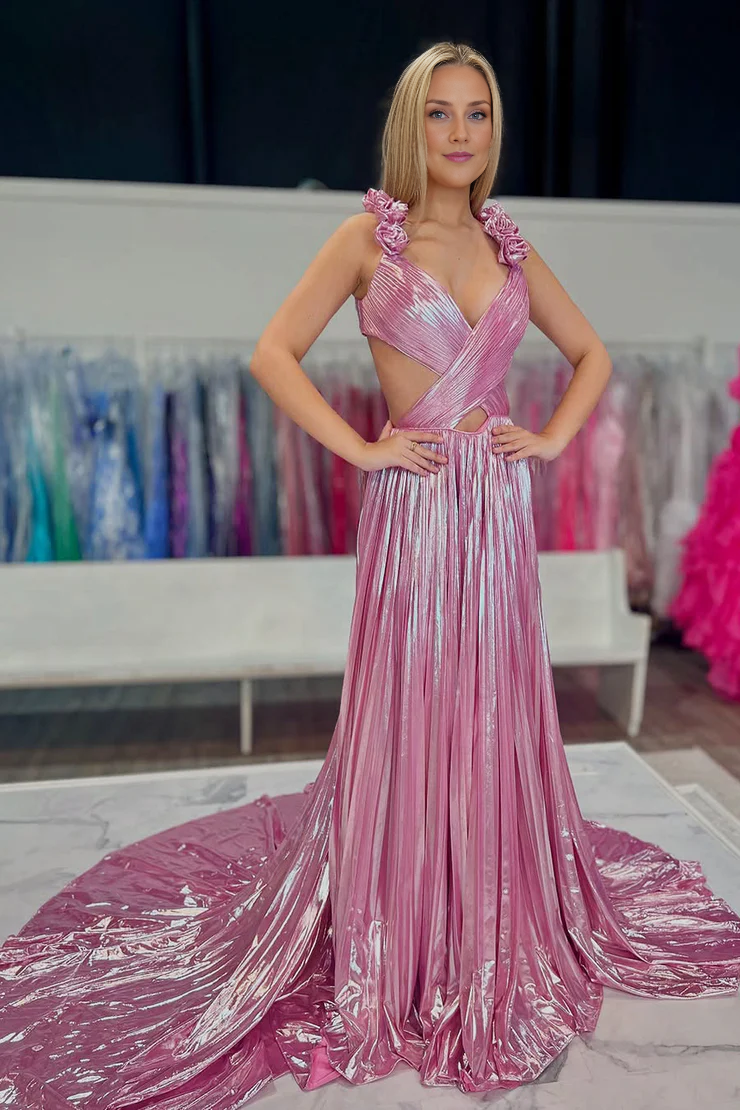 OKBBN A-line V-neck pleated satin long ball gown