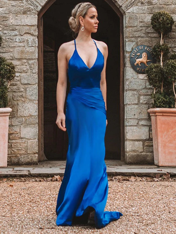 OKBBN tight fitting straight tube elastic woven silk satin pleated sleeveless V-neck ball dress