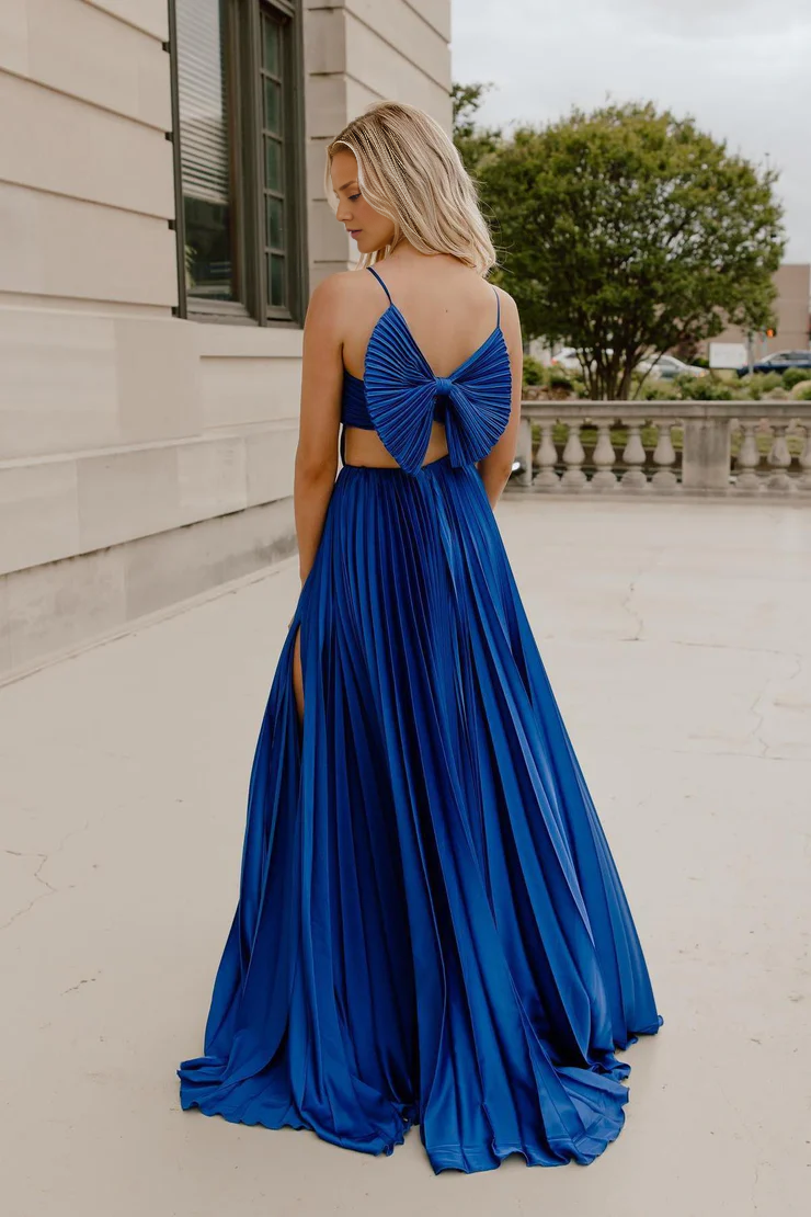 OKBBN Cute A-line Thin Shoulder Strap Folded Satin Long Ball Dress