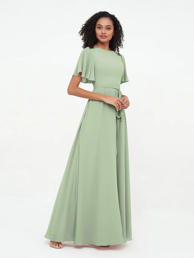 OKBBN elegant flowing sleeve chiffon bridesmaid dress