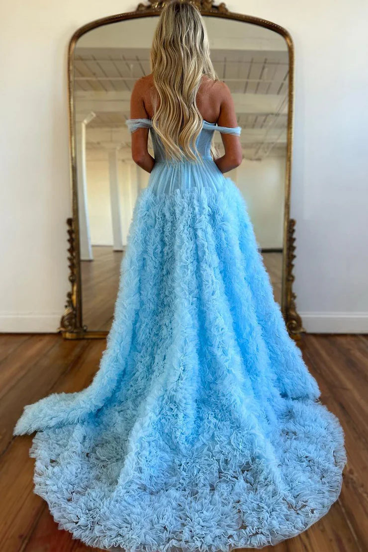OKBBN Romantic A-line off shoulder ruffled layered chiffon slit party dress