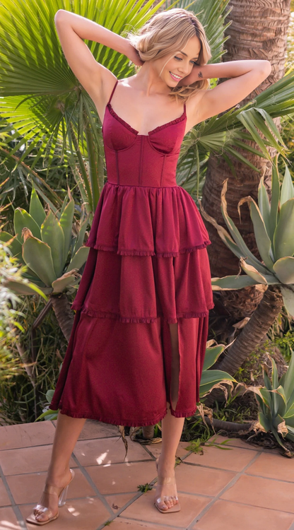 OKBBN's sweet and sexy V-neck corset skirt with knee length slit and ruffle edge layered back to school dress