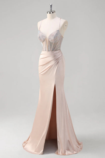 OKBBN Shining Mermaid Strap Tight corset Long Split Ball Dress