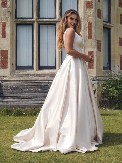 OKBBN A-line Elegant Satin Bead V-neck Sleeveless Ball Dress
