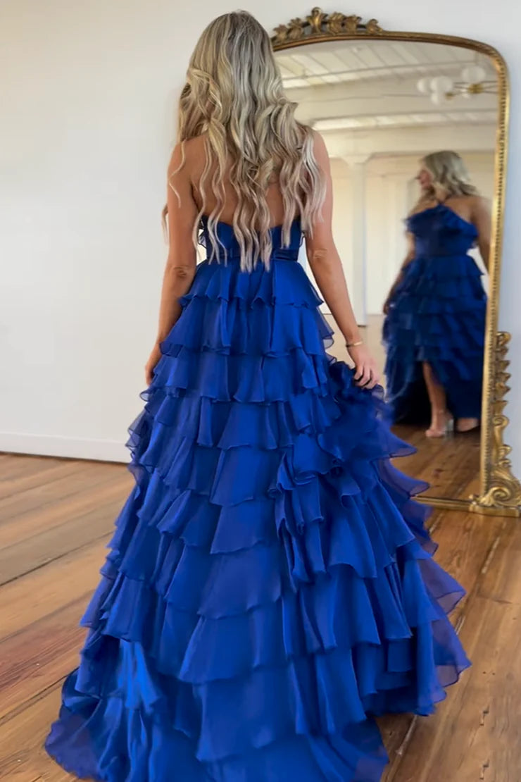 OKBBN Fairy Strap A-line Layered Chiffon Long Split Ball Dress