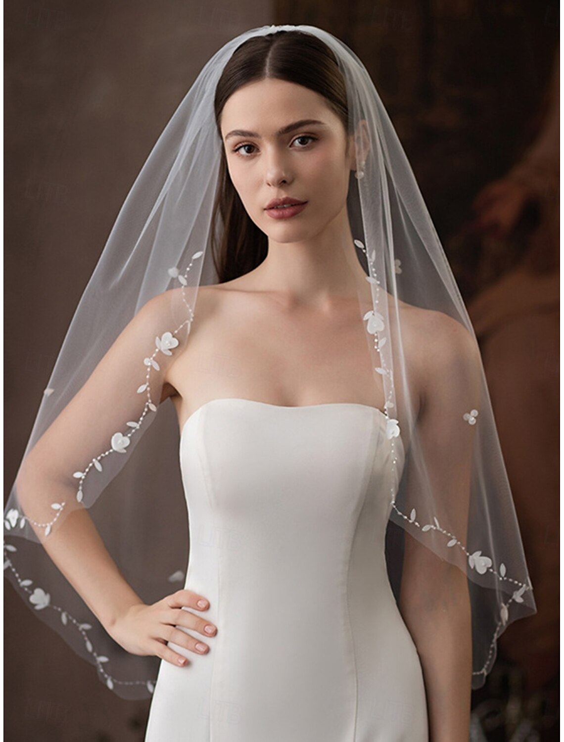 OKBBN single-layer modern fashion satin floral chiffon wedding veil
