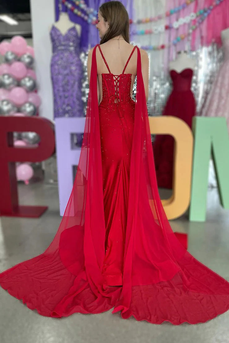 OKBBN Charming Mermaid V-neck Satin Beaded Split Ball Dress