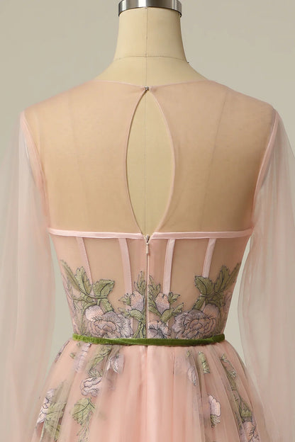 A jewelry light nude long ball dress with embroidered lines