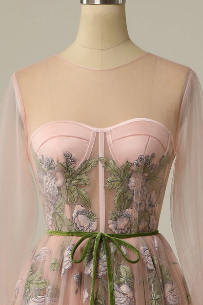 A jewelry light nude long ball dress with embroidered lines
