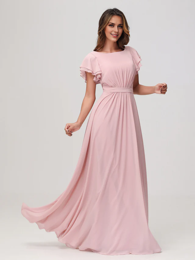 OKBBN boat shaped collar with floating sleeves and floor bridesmaid dress
