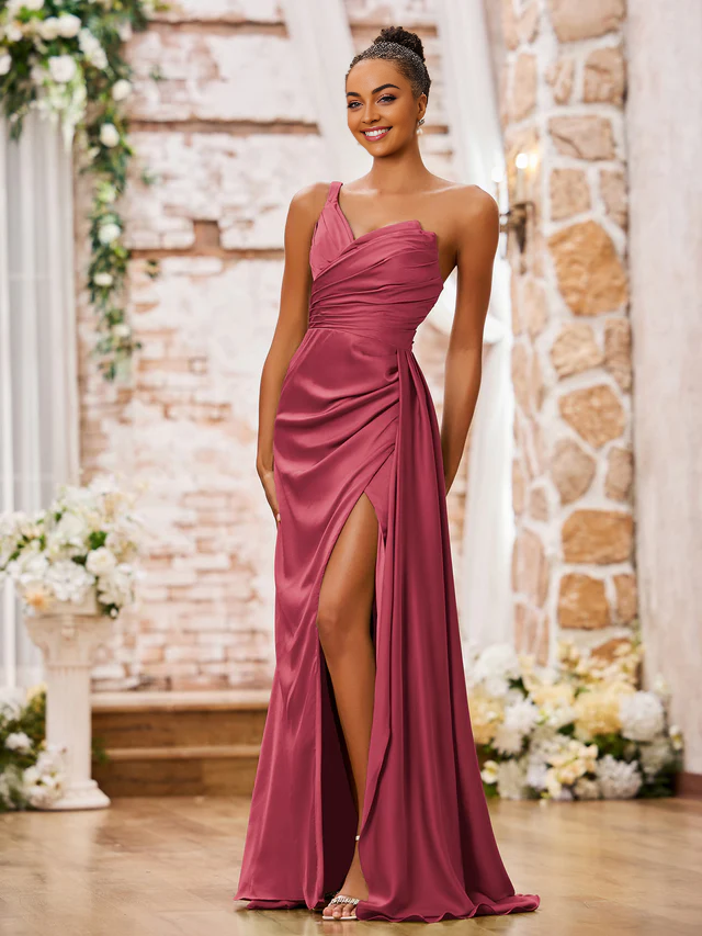 OKBBN one shoulder sweetheart high slit sexy bridesmaid dress