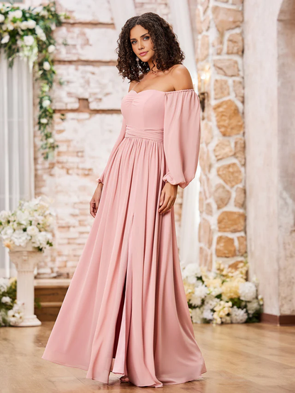 OKBBN off shoulder long sleeved chiffon split bridesmaid dress