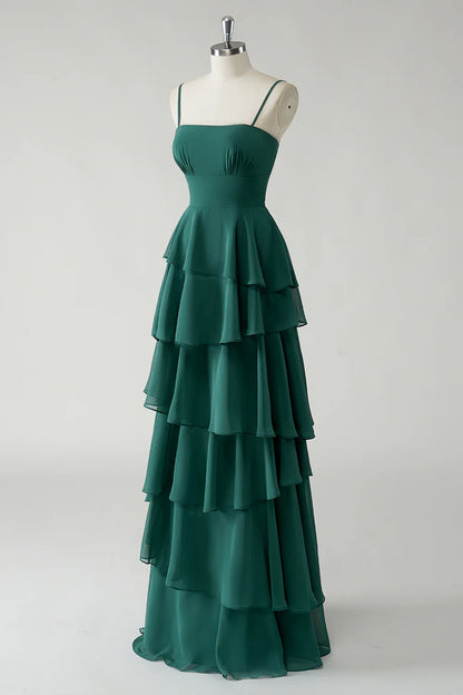 OKBBN's charming A-line thin shoulder strap layered chiffon and ground Bridesmaid Dresses