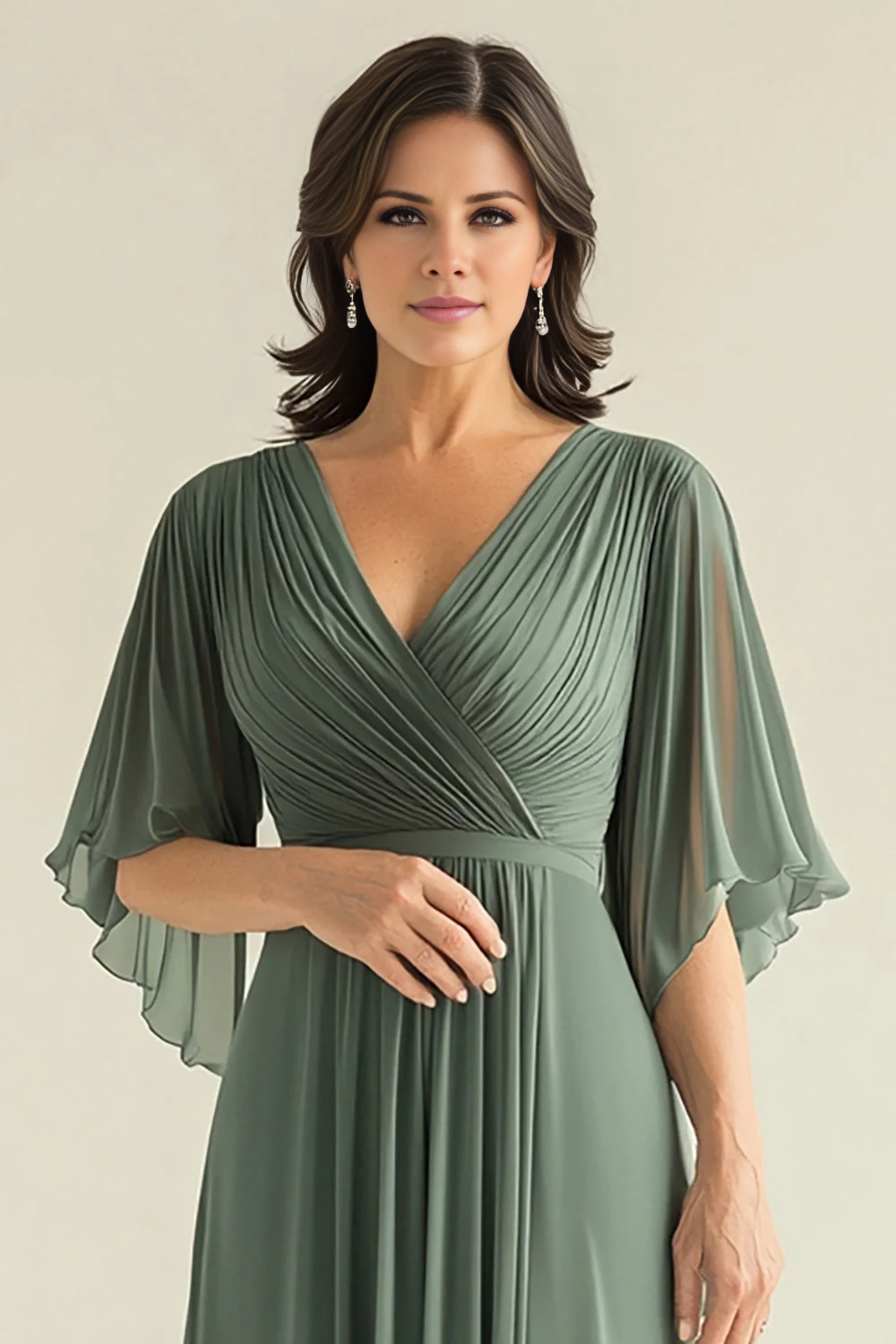 OKBBN Chiffon Folded Trumpet Sleeves V-neck Bridal Mother Dress