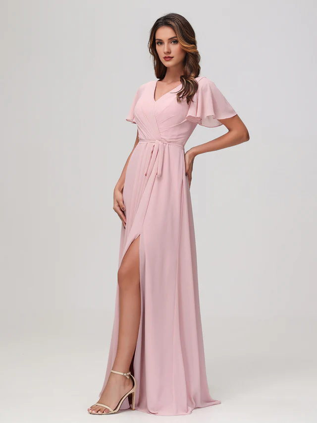 OKBBN pleated chiffon bridesmaid dress with flowing sleeves