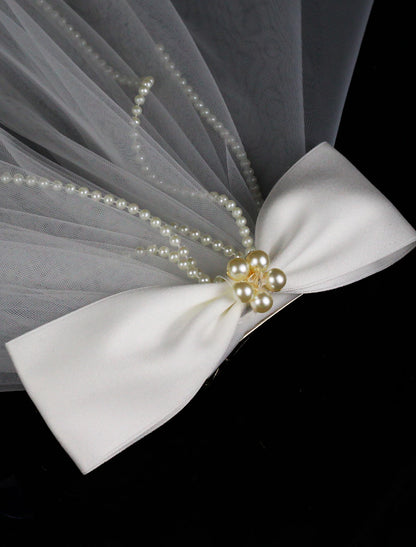 OKBBN two-layer satin ribbon bow chiffon wedding veil