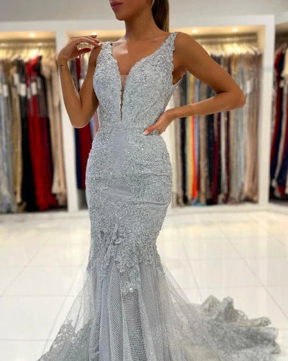 OKBBN Lace Long Sleeveless Mermaid Ball Dress