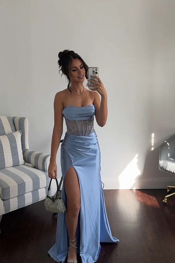 OKBBN Charming Mermaid Strap Satin Long Split Ball Dress