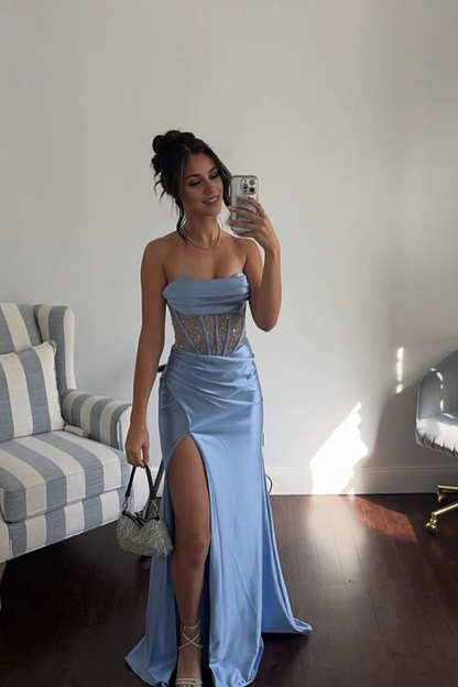 OKBBN Charming Mermaid Strap Satin Long Split Ball Dress
