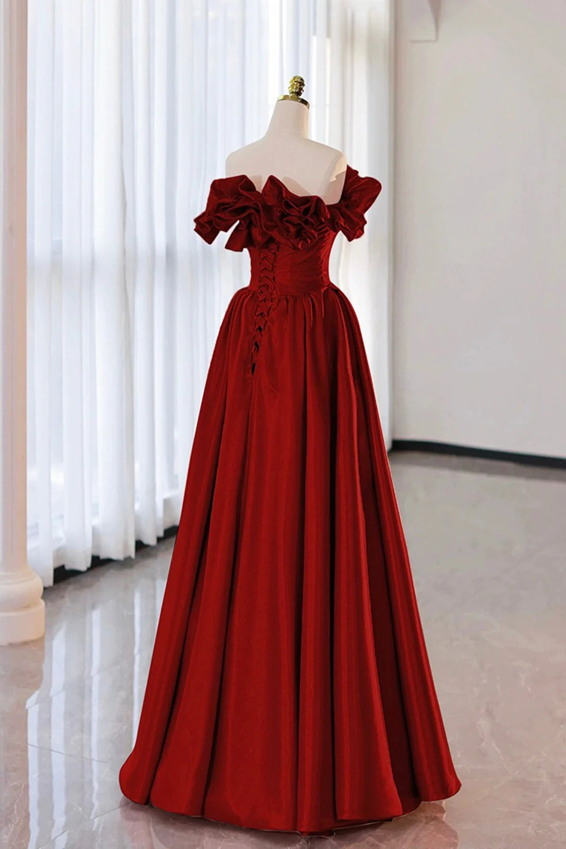 OKBBN's elegant off shoulder satin long A-line dance dress