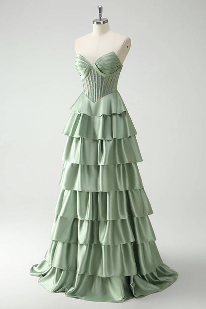 OKBBN satin layered corset long slit evening gown