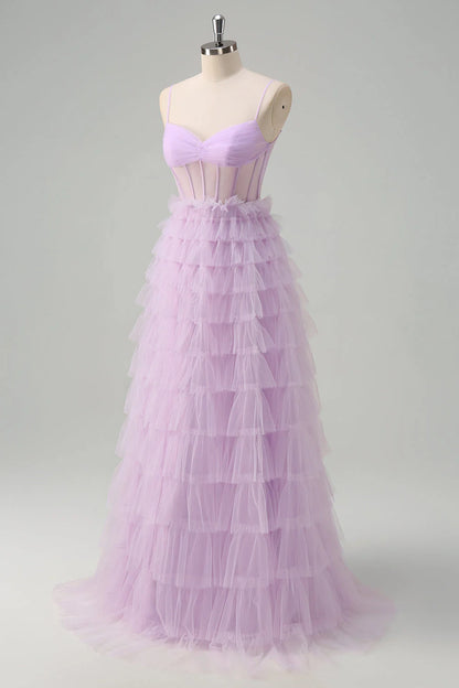 OKBBN A-line thin shoulder strap transparent tight corset layered long layered ballroom dress