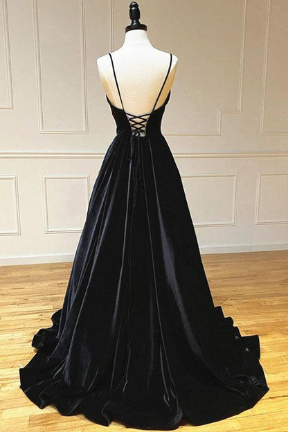 OKBBN Simple Strap Sleeveless Velvet Long Ball Dress