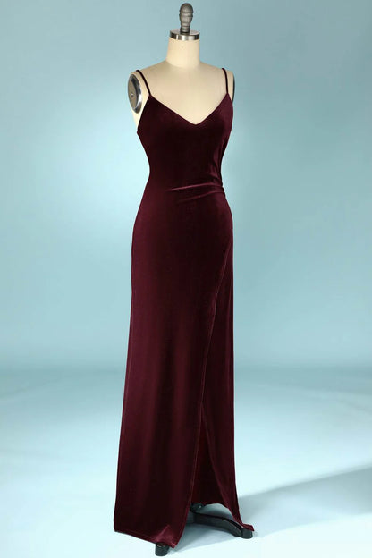 Velvet V-Neck Straps Long Bridesmaid Dress with Slit