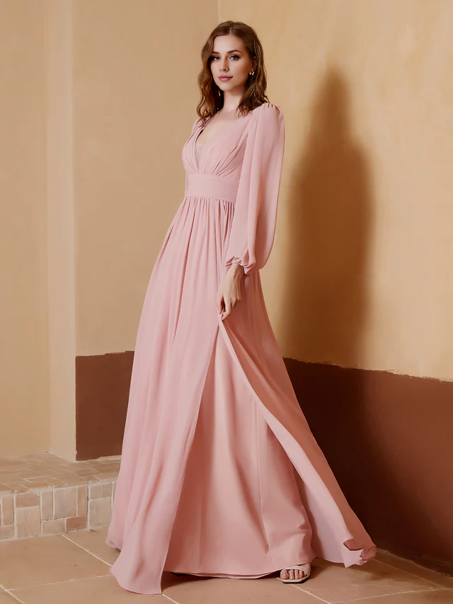 OKBBN deep V-neck and floor split bridesmaid dress