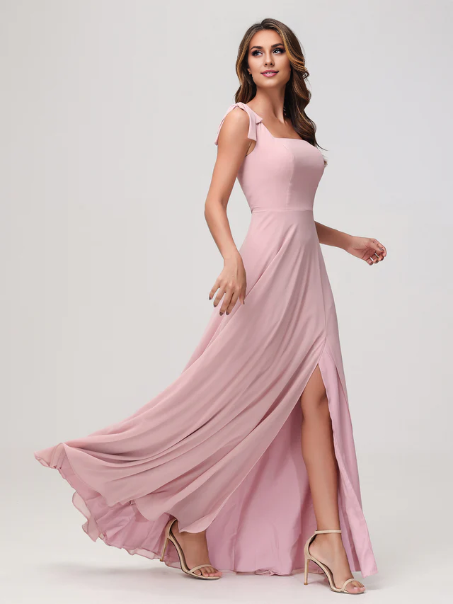OKBBN square neckline sleeveless and floor chiffon bridesmaid dress