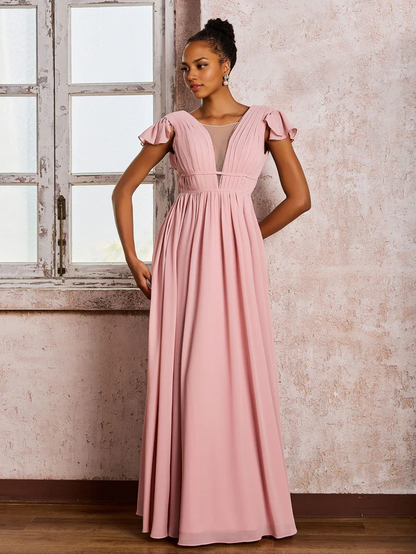 OKBBN deep V-neck pleated A-line bridesmaid dress with floating sleeves