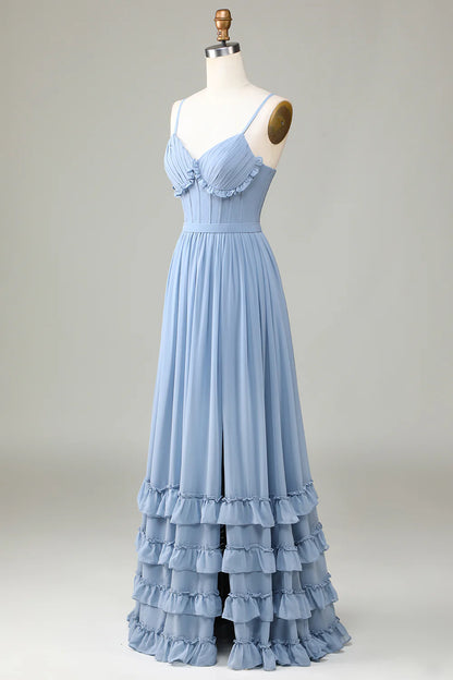 OKBBN waist cinched thin shoulder strap long backless bridesmaid dress