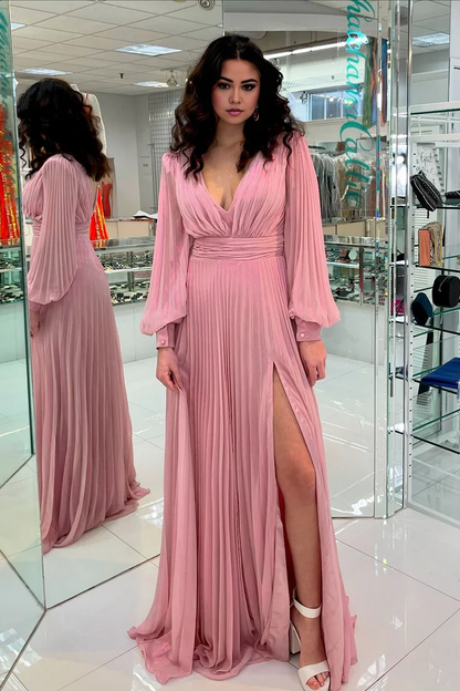 OKBBN charming A-line V-neck chiffon long sleeved bridesmaid dress
