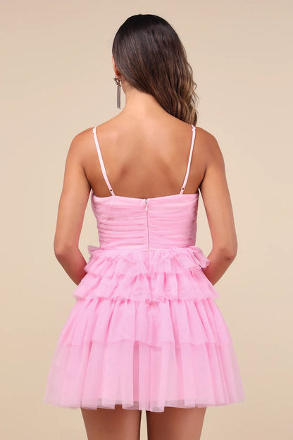 OKBBN's eye-catching multi-layered transparent chiffon pleated sleeveless layered mini sleeveless corset Homecoming Dresses