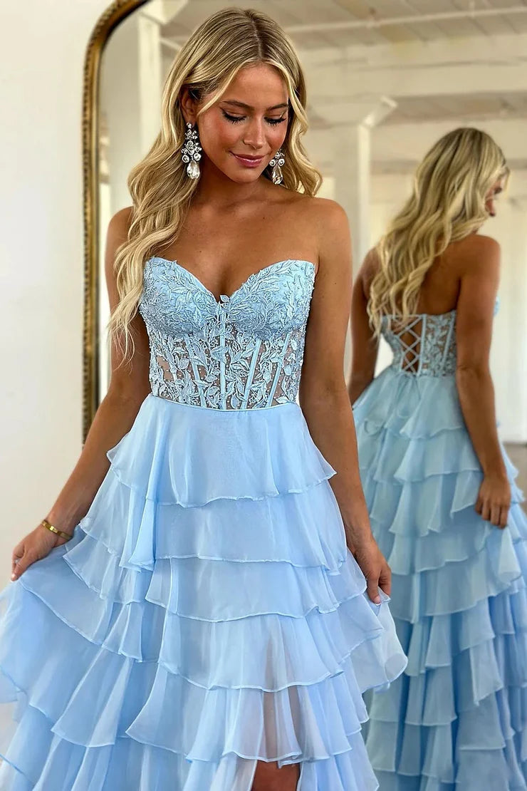 OKBBN Cute A-line Off Shoulder Ruffle Layered Chiffon Long Ball Dress