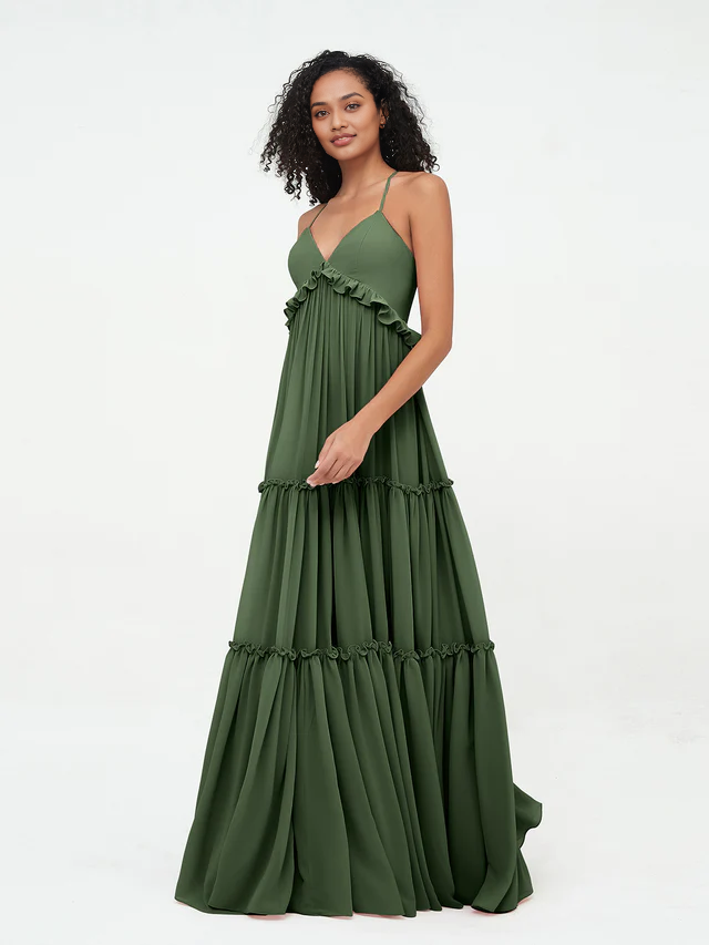 OKBBN chiffon thin shoulder strap layered sleeveless bridesmaid dress