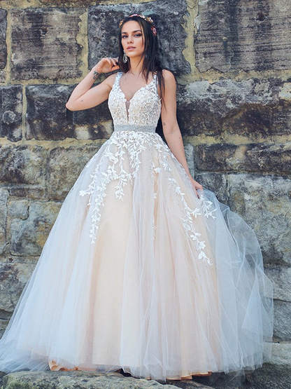 OKBBN A-line elegant applique chiffon sleeveless V-neck ball gown