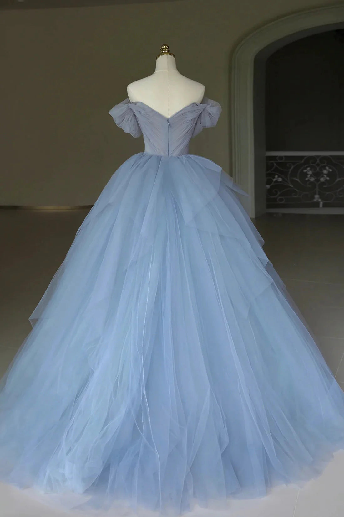 OKBBN elegant chiffon and floral off shoulder ball gown