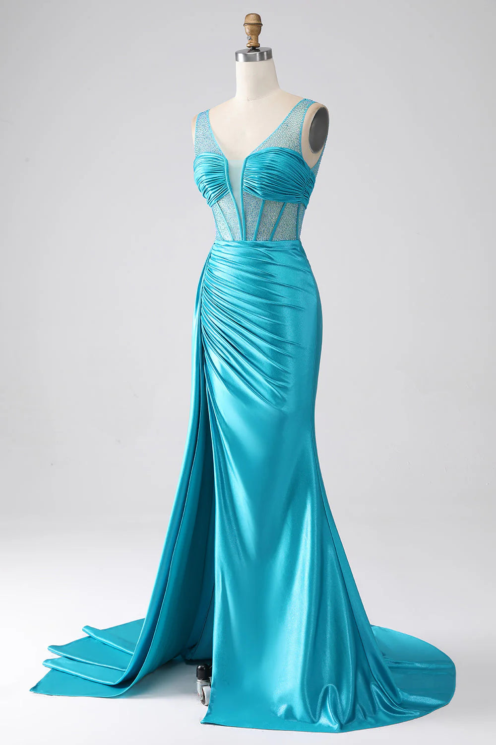 OKBBN mermaid V-neck trailing pleated tight corset bead long ball dress