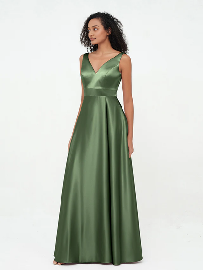 OKBBN Princess V-neck satin pocket bridesmaid dress