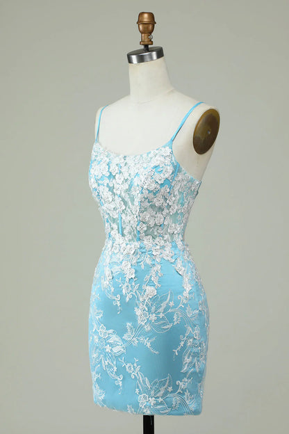 Light Blue Sheath Spaghetti Straps Short Homecoming Dress