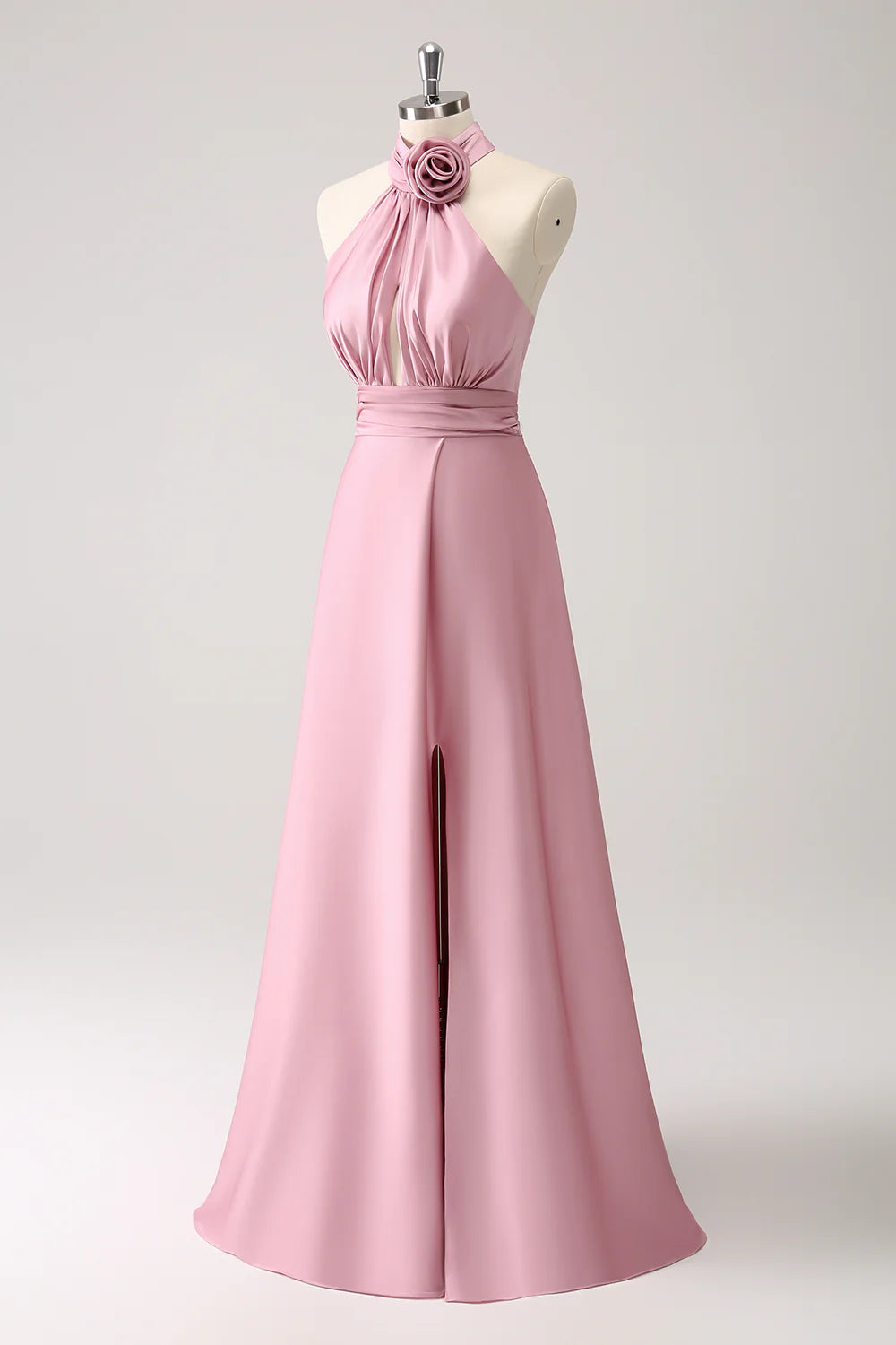 OKBBN A-line backless pleated floral satin slit long ball gown