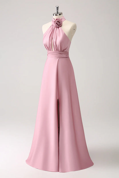 OKBBN A-line backless pleated floral satin slit long ball gown