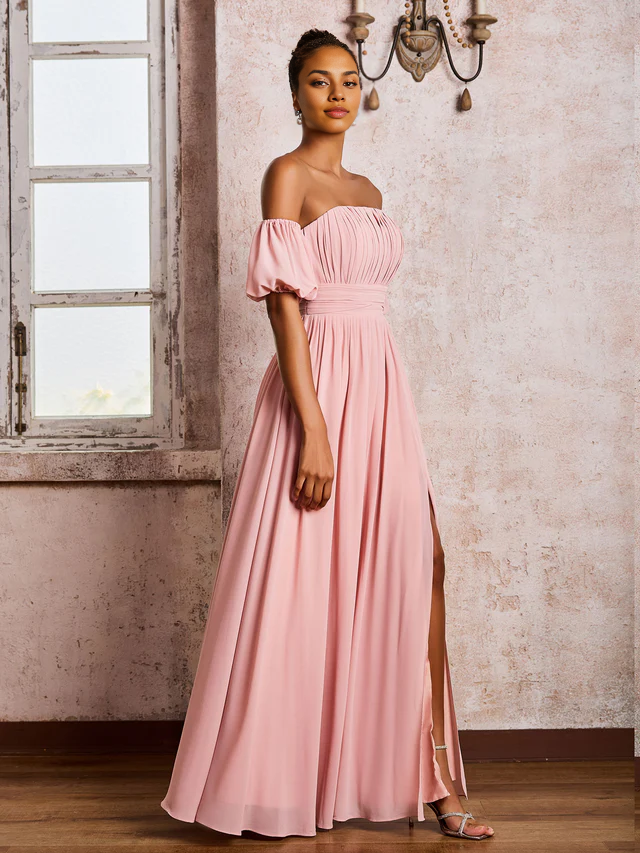 OKBBN square chiffon slit bridesmaid dress with floating sleeves